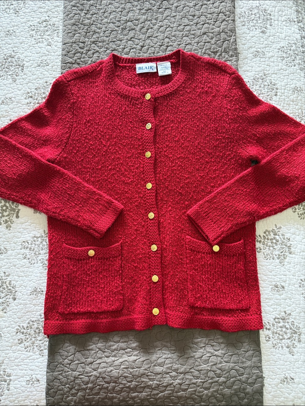Blair Red Textured Knit Cardigan with Gold Buttons